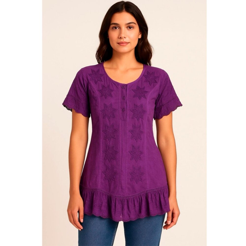 HolyClothing Purple Embroidered Star Tunic Top Boho Fairycore Womens Size S